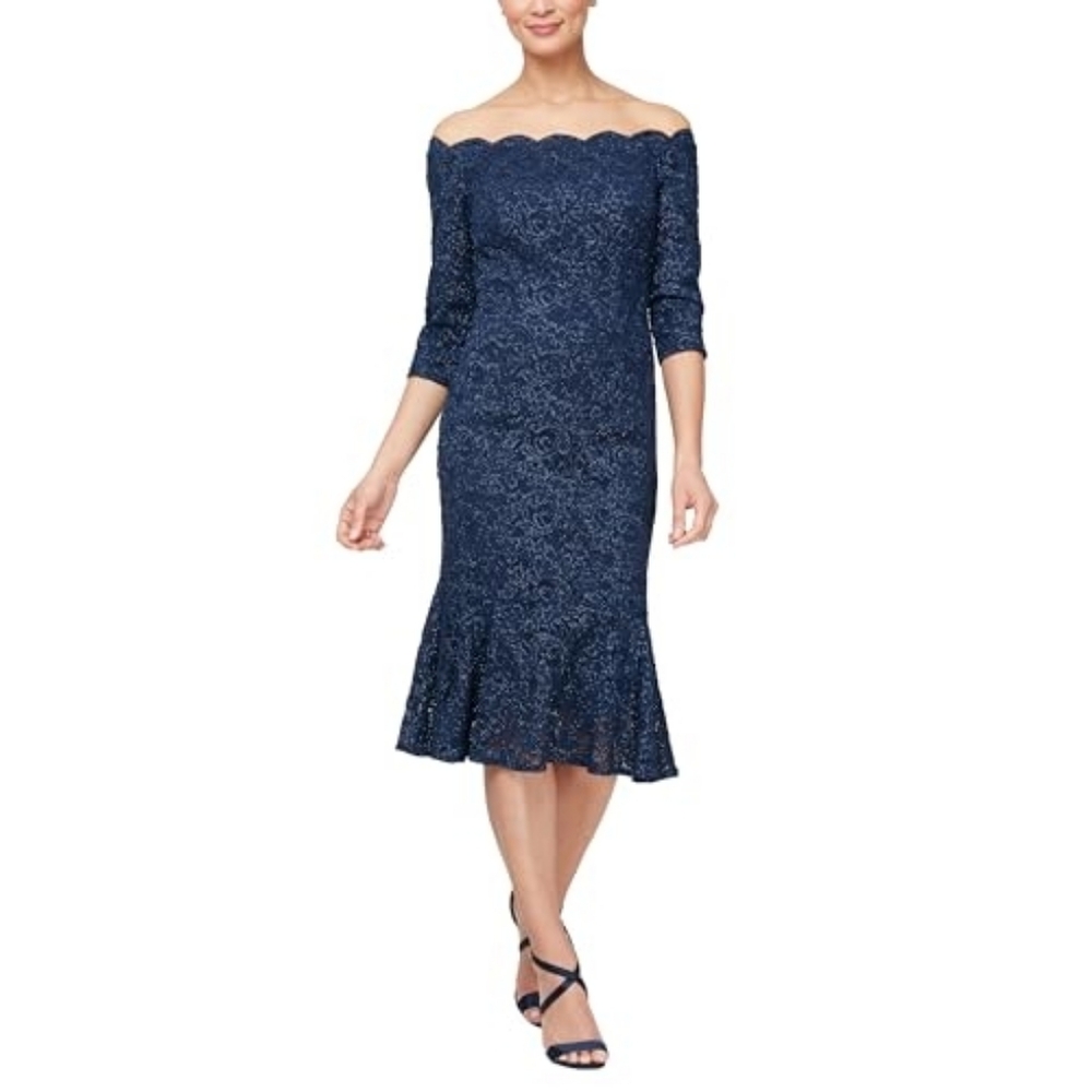 NWT Alex Evenings Off The Shoulder Lace Cocktail Dress 4 MSRP $189